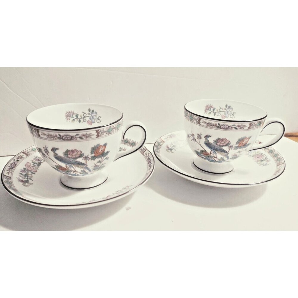 RARE! Wedgwood England Kutani Crane Leigh Shape Footed Tea Cup & Saucer Sets(2)